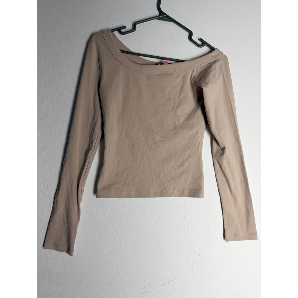 Edikted Tan Beige Long Sleeve Scoop Neck Ribbed Crop Top Small Y2K Streetwear